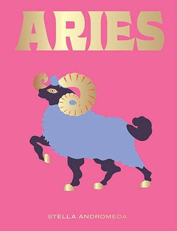 Front cover of Aries in pink with gold lettering and a stylized purple and lavender ram, shown flat