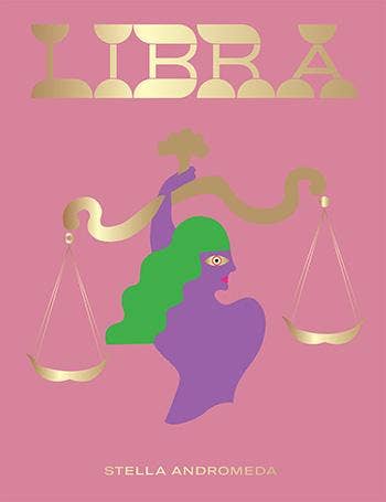 Libra book cover close crop: purple figure with green hair holding gold scales on pink
