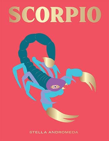 Close-up of the Scorpio book cover showing a stylized scorpion with gold claws and tail on coral