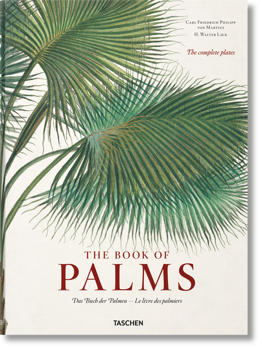 Close-up of The Book of Palms front cover with a botanical palm frond print and The complete plates