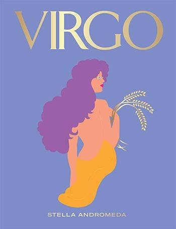 Virgo book cover close crop: woman with long purple hair in an orange dress holding wheat on lavender