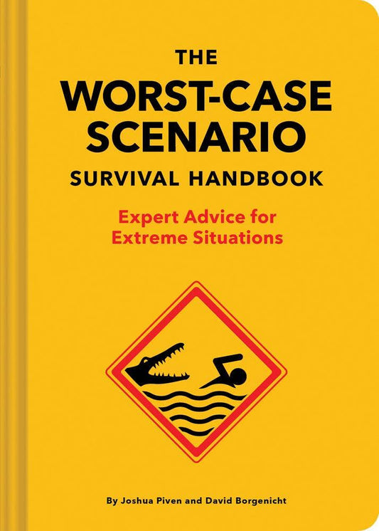 Close-up of the yellow Worst-Case Scenario Survival Handbook cover, Expert advice for extreme situations