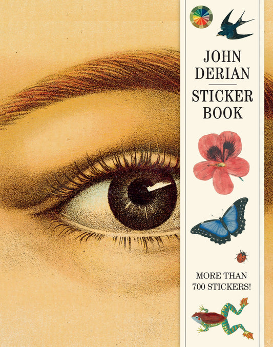 Full-bleed John Derian Sticker Book cover with an antique eye, red flower, blue butterfly, ladybug and frog