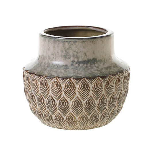 Vase with textured peacock pattern in reactive glaze