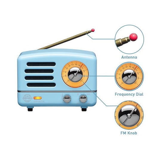 Blue OTR metal speaker with close-up of dials and knobs