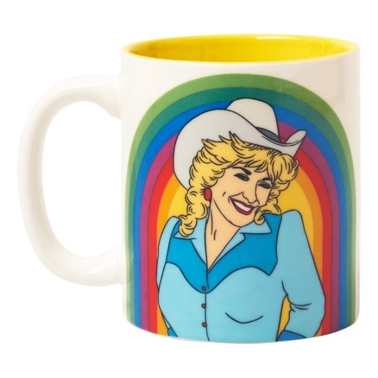 Dolly Parton illustration mug with rainbow in background. Yellow color inside mug.
