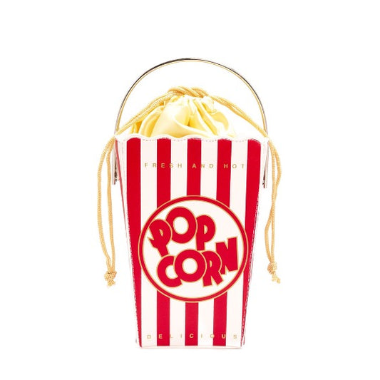 Popcorn box novelty handbag with gold drawstring closure and metal top handle.
