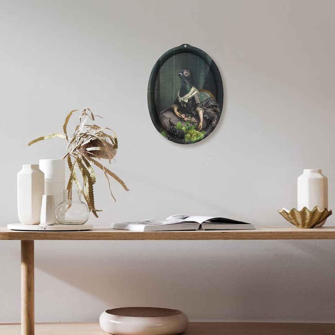 Mural tray portrait of bird.