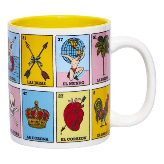 White ceramic mug of La Loteria game with illustration. Inside mug is solid yellow.