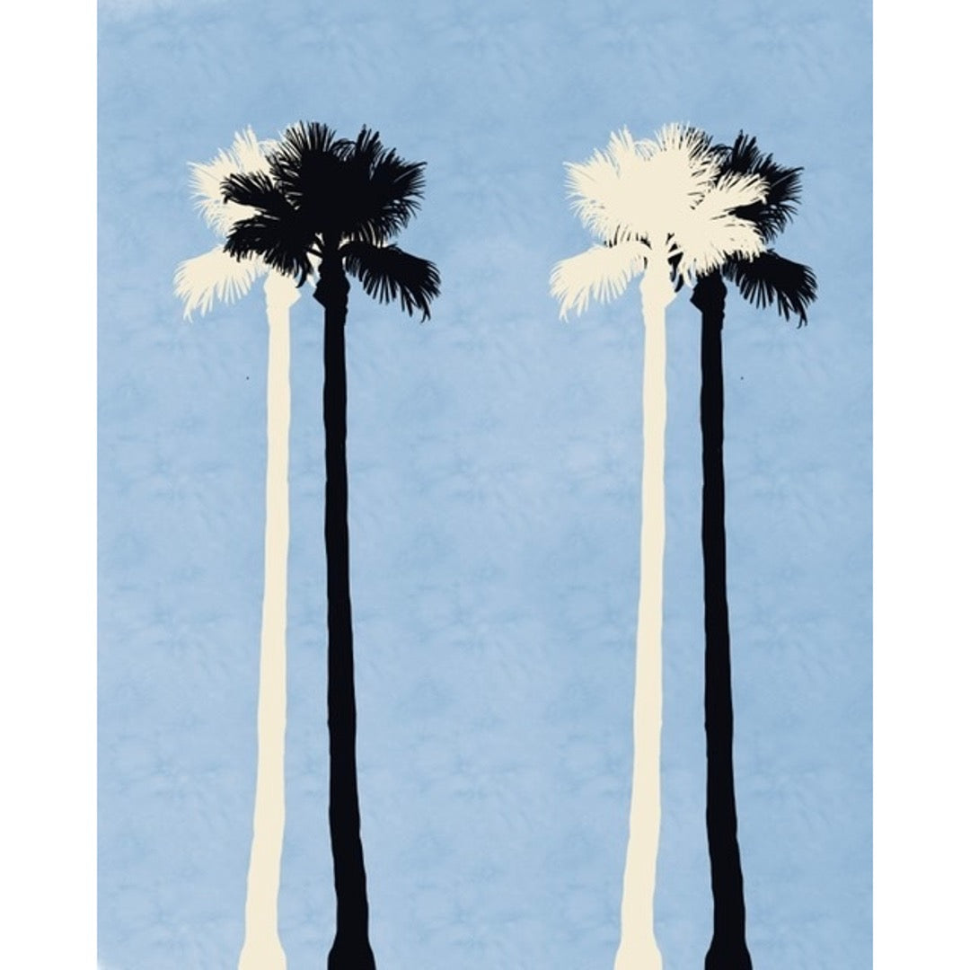 Black and white silhouette of palm trees on light blue background. Original artwork from Walker Noble Studios.