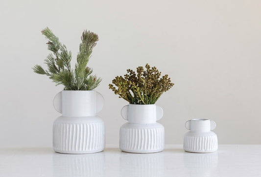Set of 3 white pleated stoneware vases with green sprigs