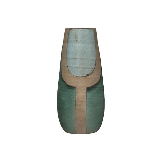 Abstract terracotta vase hand-painted in turquoise and blue tones. 