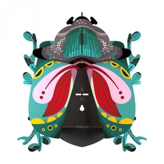 Paul beetle wall cabinet, wings open with inside storage, multiple colors of mint green, pink, yellow, red, black and gray