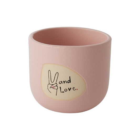 Pink pot with peace hand with text - and love.