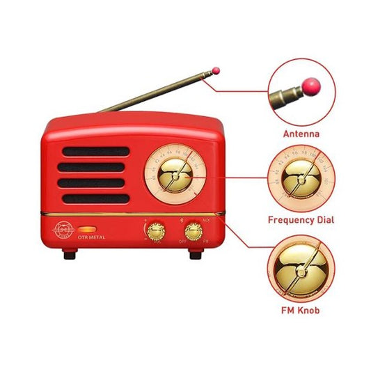 Red OTR metal speaker with close-up of dials and knobs