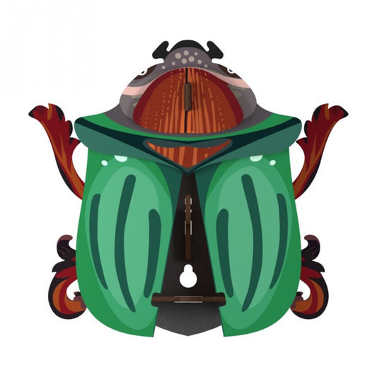 Ringo beetle wall cabinet, wings open with inside storage, green tones and brown accents