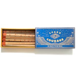 Spark Courage, 50 Ways To Be Bold, faux matchbox. Blue box with gold mystical designs. Box open with faux matches inside.