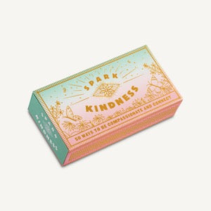 Spark Kindness, 50 Ways To Be Compassionate and Connect, pink and blue gradient box with gold mystical designs.