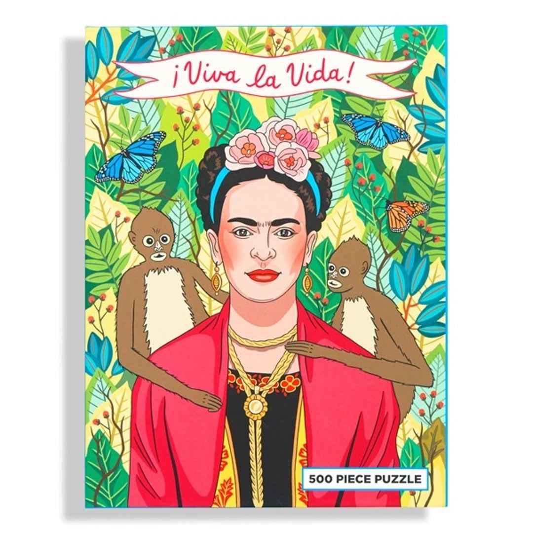 Front box of 500 piece jigsaw puzzle, Frida Kahlo in jungle with two monkeys on each side of her shoulder with Viva La Vida banner on top