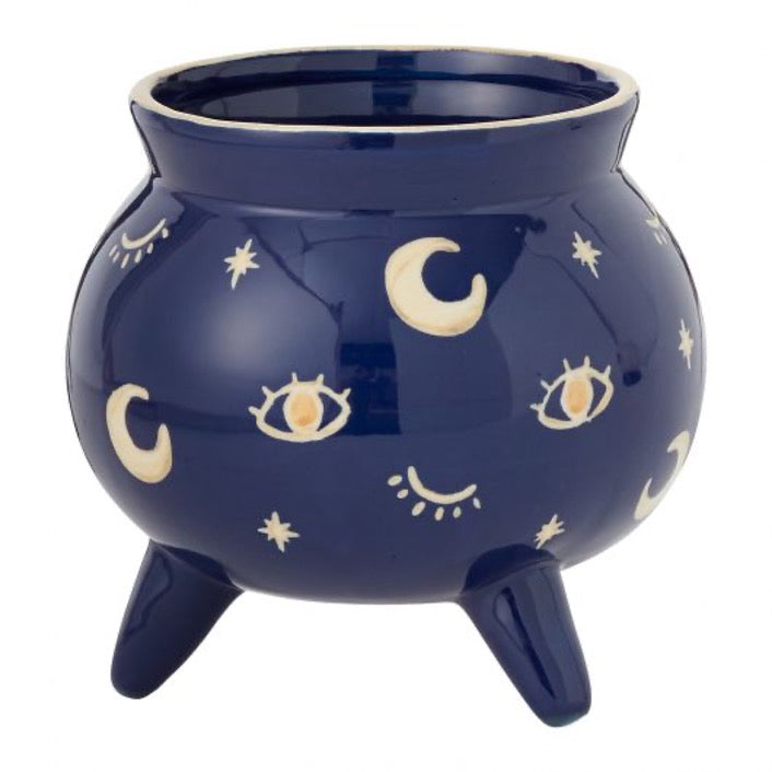 Witches cauldron pot in blue with cosmic illustrations in gold