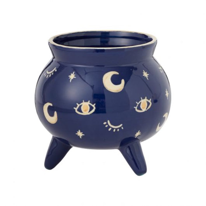 Witches cauldron pot in blue with cosmic illustrations in gold