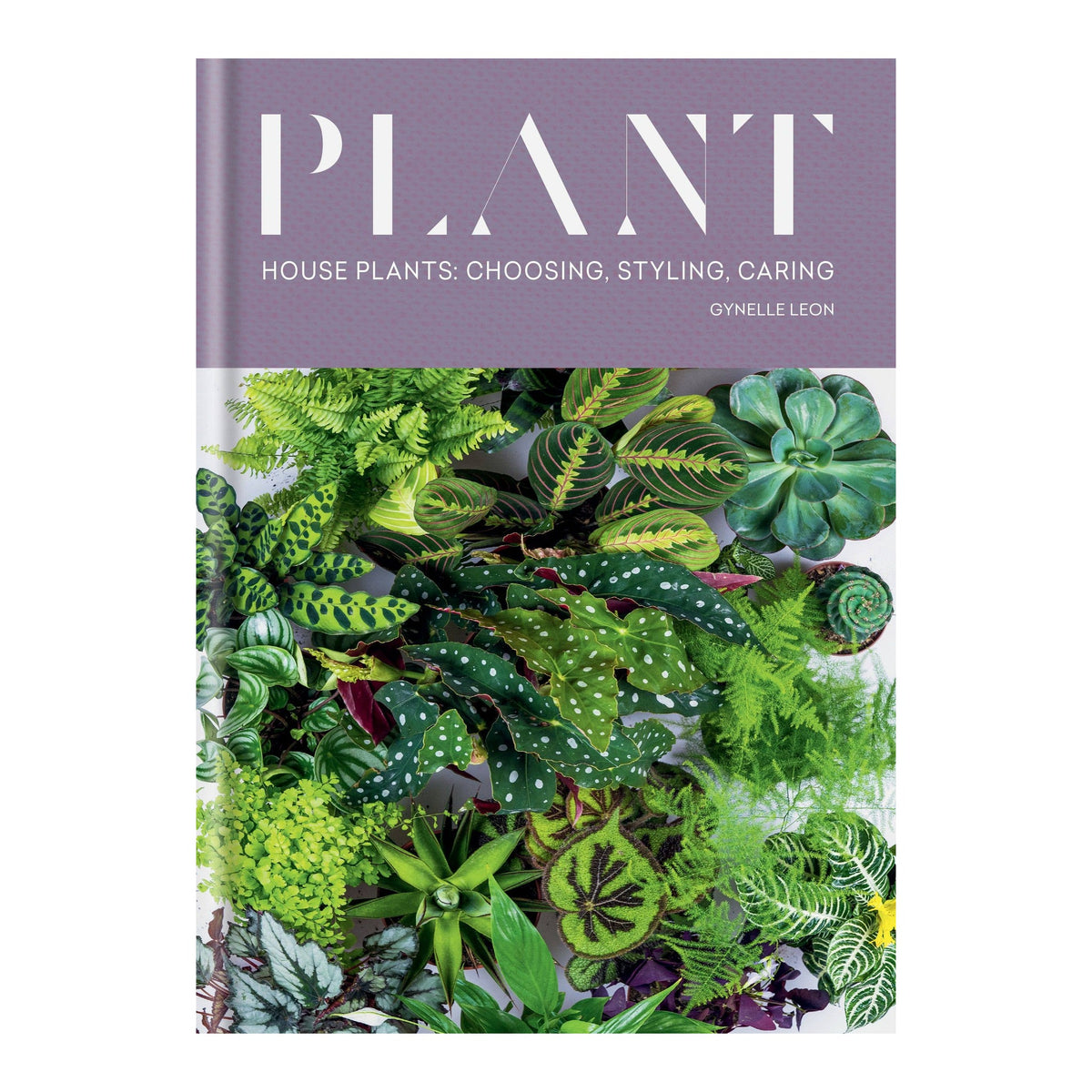 Plant book cover by Gynelle Leon with a lavender title band over an overhead photo of assorted houseplants