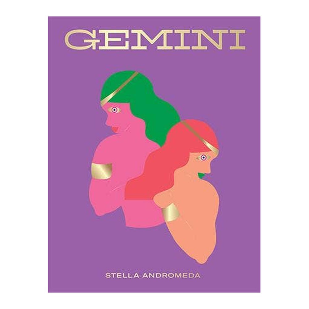 Gemini book cover by Stella Andromeda, two stylized pink figures with gold bands on a purple background