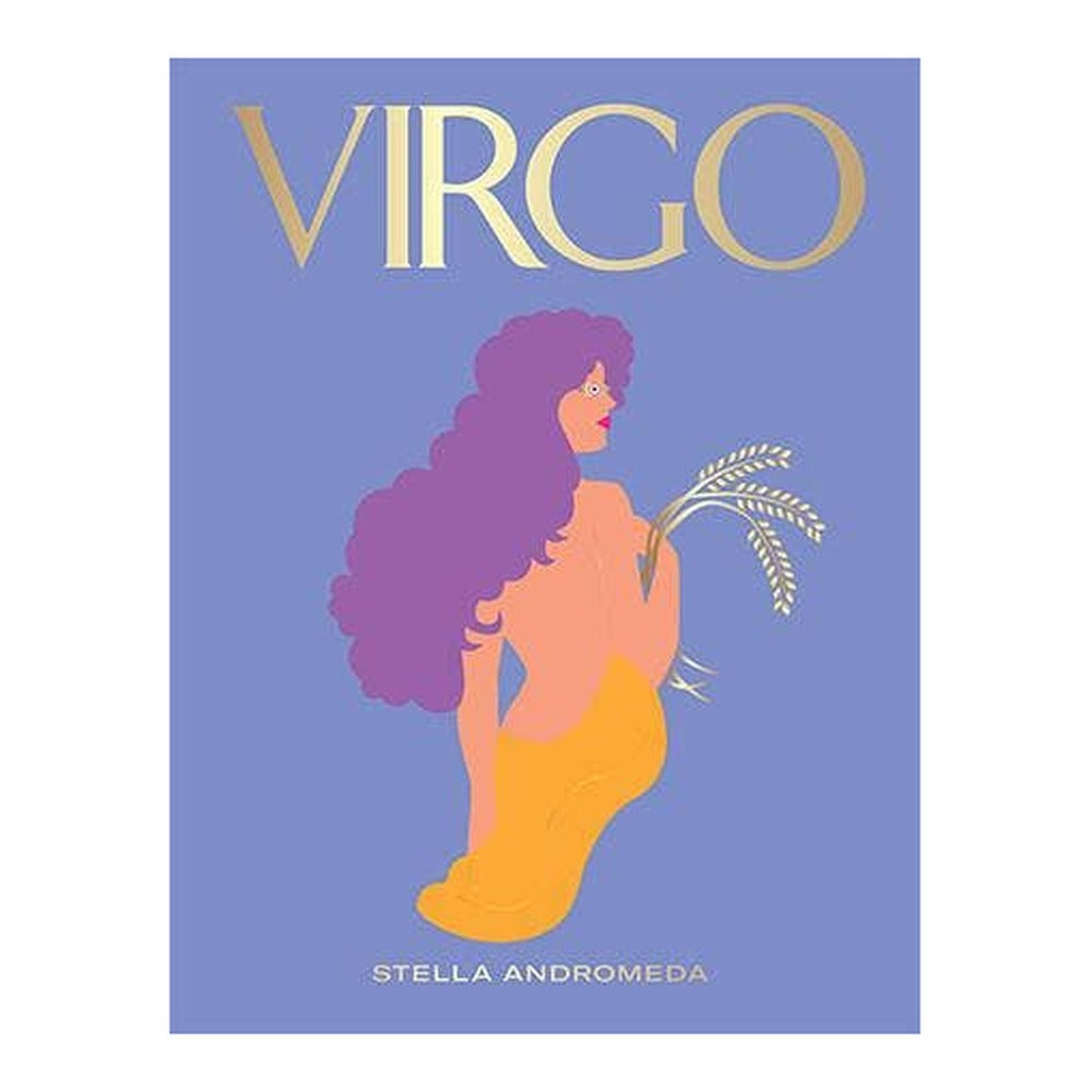 Virgo book cover by Stella Andromeda, lavender with gold title and a woman holding wheat