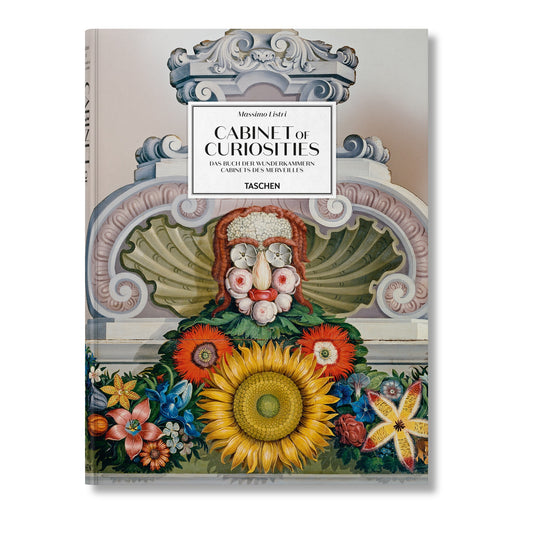 Cabinet of Curiosities book by Massimo Listri, Taschen cover with a flower-faced figure above a sunflower