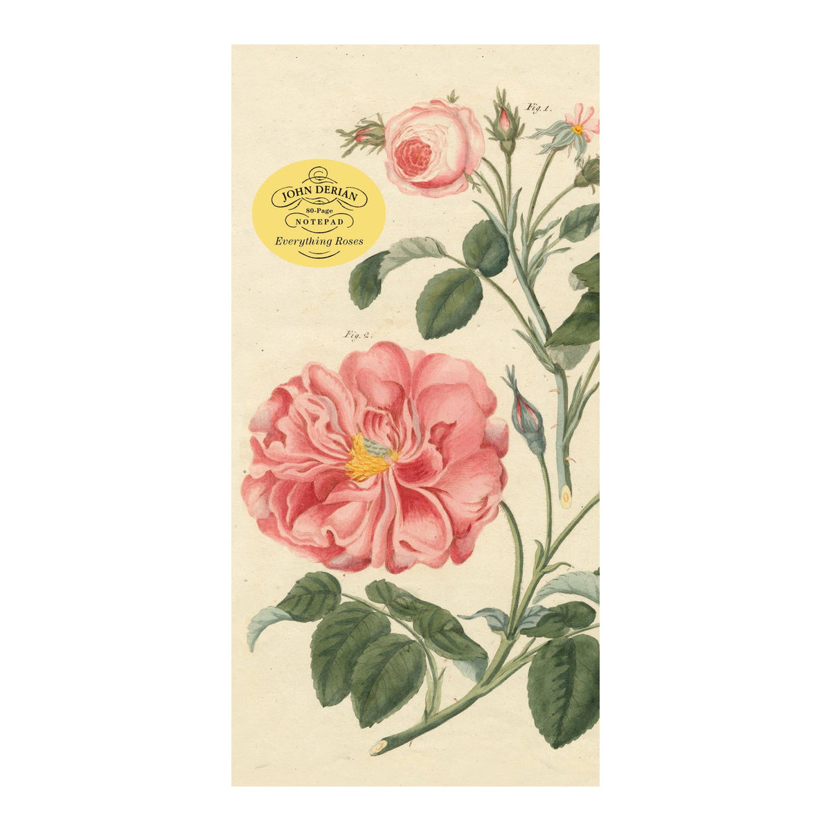 John Derian Everything Roses notepad, vintage botanical print of pink roses with a yellow 80-page label