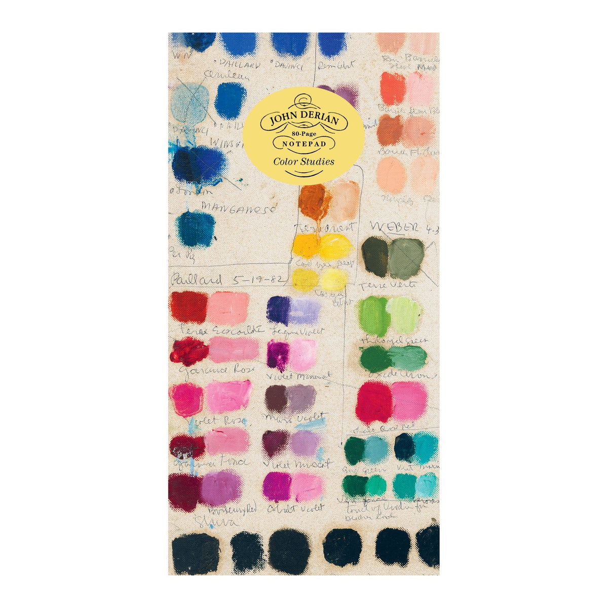 John Derian Color Studies notepad with painted color swatches and a yellow oval label