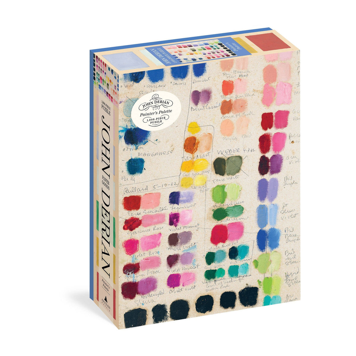 John Derian Painter's Palette 1,000-piece puzzle box at an angle, covered in rows of paint swatches
