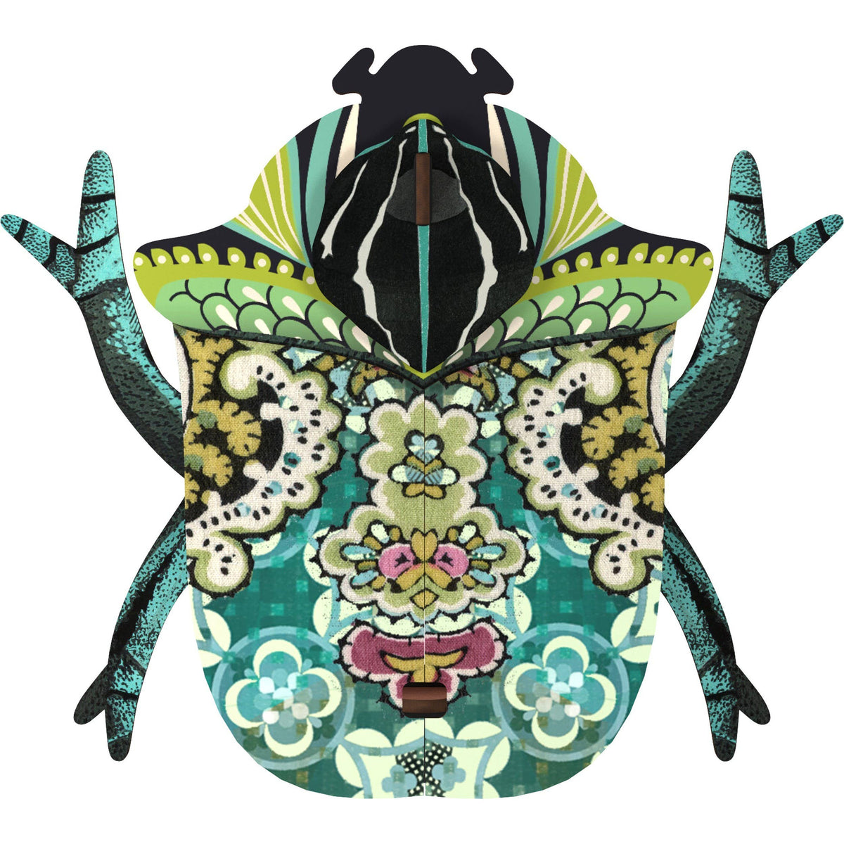 Bill beetle wall decoration in teal, lime, and cream paisley pattern with black striped head