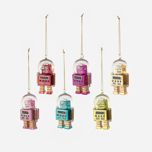 Six mini robot glass ornaments with clear dome heads in red, magenta, gold, pink, teal and lime, on gold cords