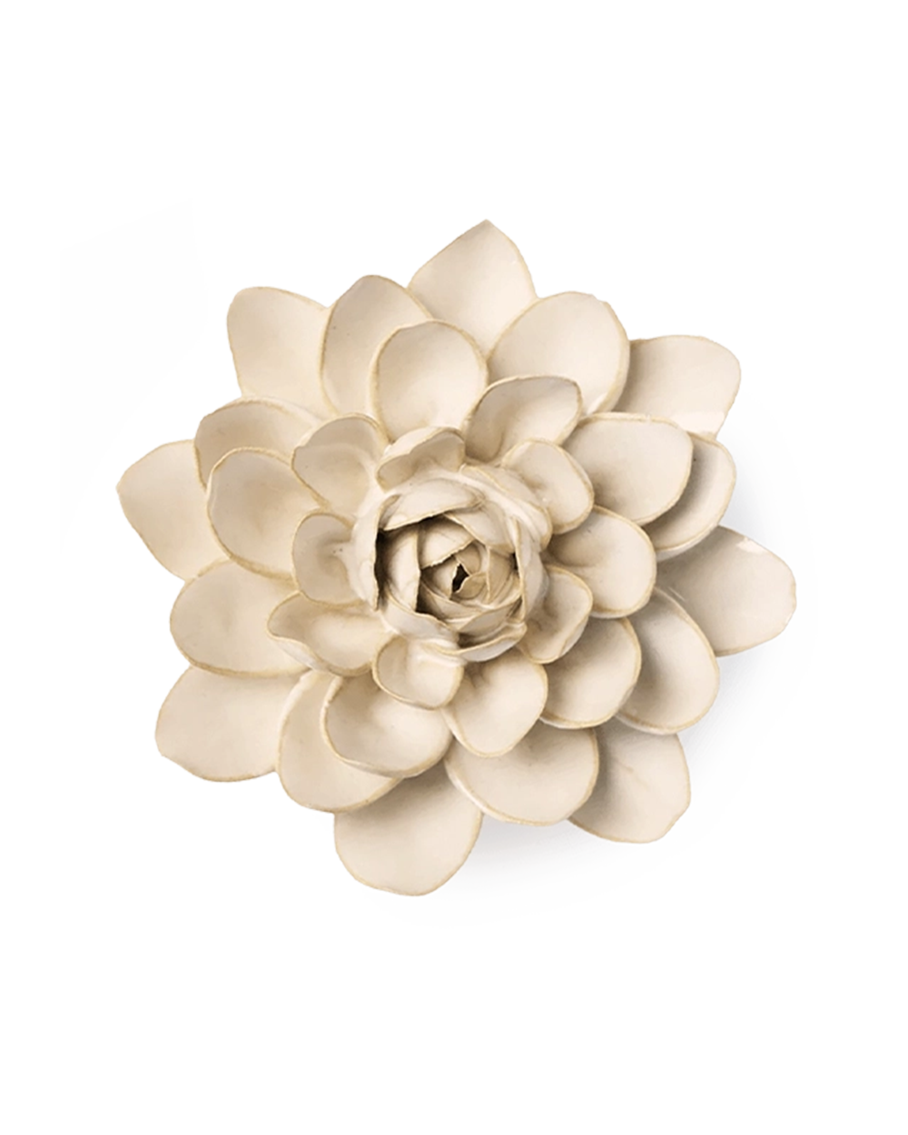 Ivory Snowdrop ceramic flower from the front, rounded cream petals curving into a tight center