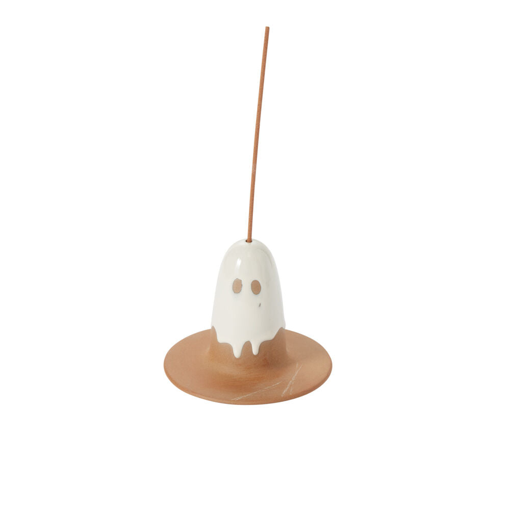 Ghosted ceramic ghost incense holder with white drip glaze