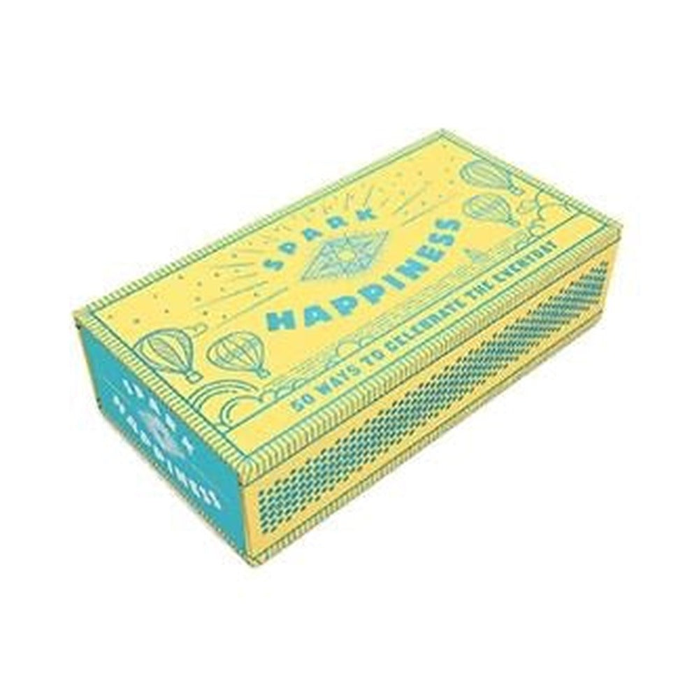 Spark Happiness box in yellow and turquoise with hot air balloon line art, 50 ways to celebrate the everyday