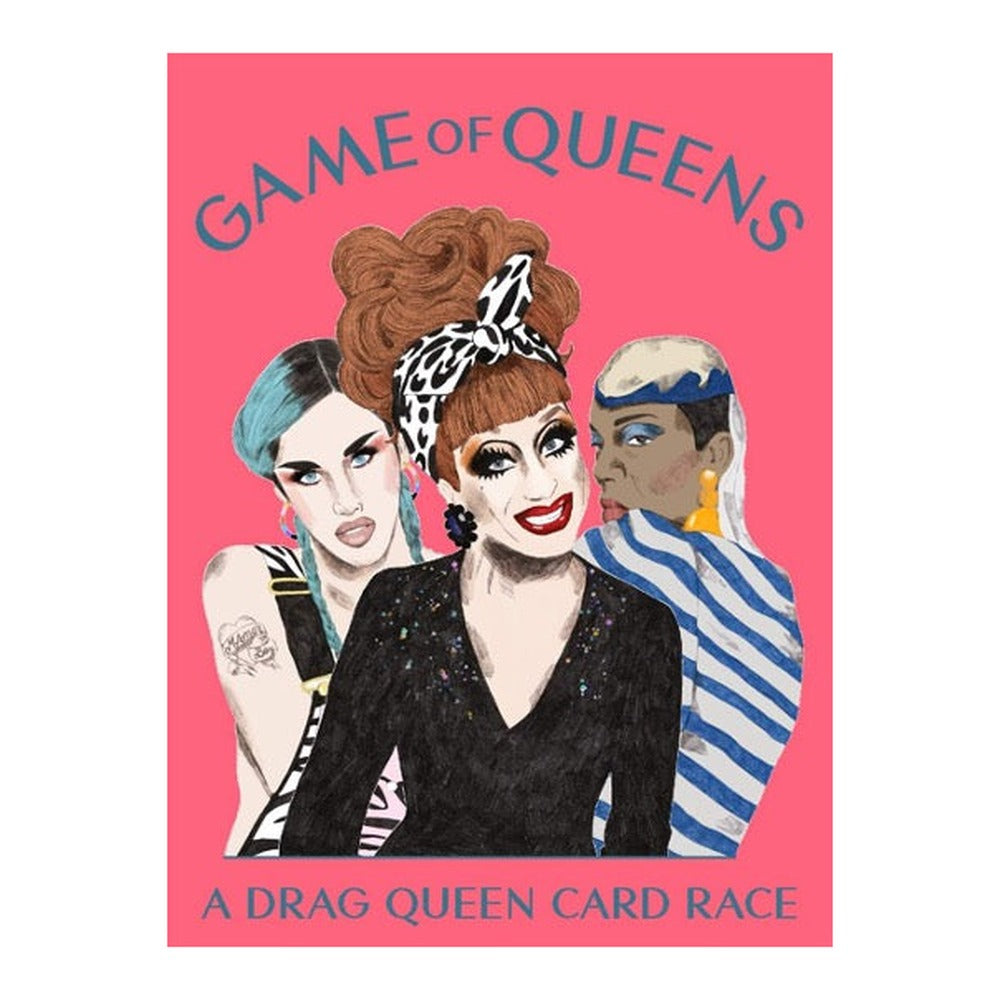 Game of Queens card game box with illustrated drag queens on a pink background