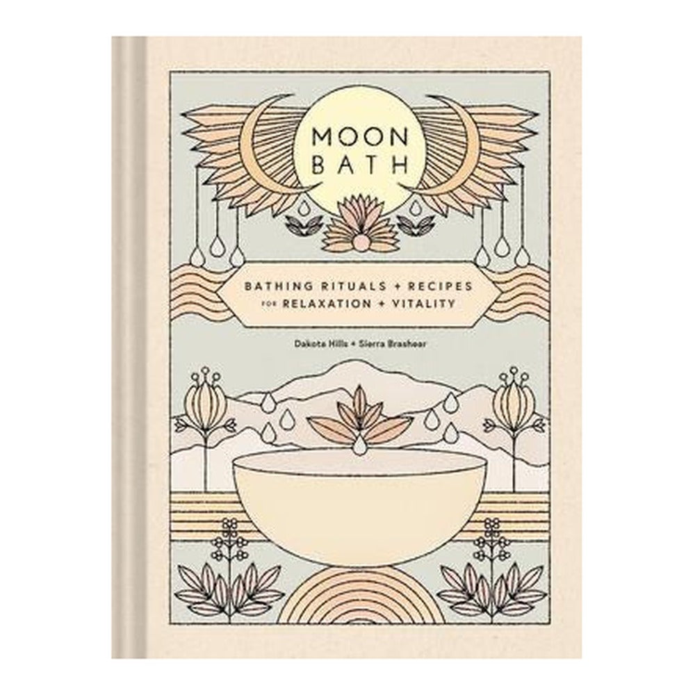 Moon Bath book cover with line art of crescent moons, a lotus and a bathing bowl in cream, peach and sage