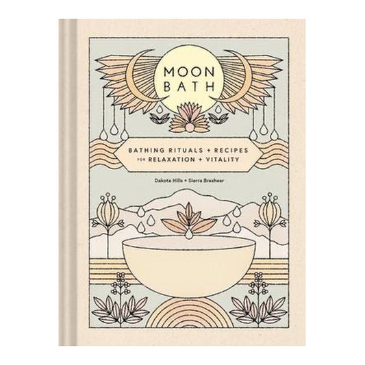 Moon Bath book cover with line art of crescent moons, a lotus and a bathing bowl in cream, peach and sage