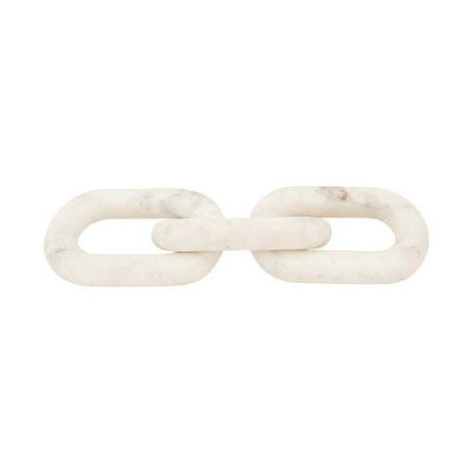 White marble chain sculpture with three interlocking oval links and soft gray veining
