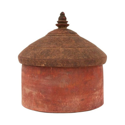 Salma box, a round wooden lidded box in distressed red paint with a pointed finial