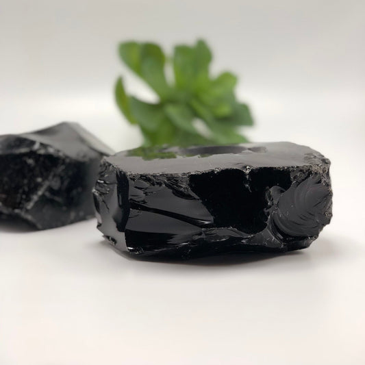 Black obsidian crystal votive holder with rough cut sides and glassy finish, plant blurred behind