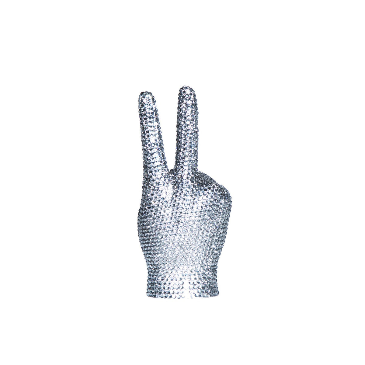 Graphite rhinestone peace sign hand, a 9 inch hand sculpture covered in silver-gray rhinestones