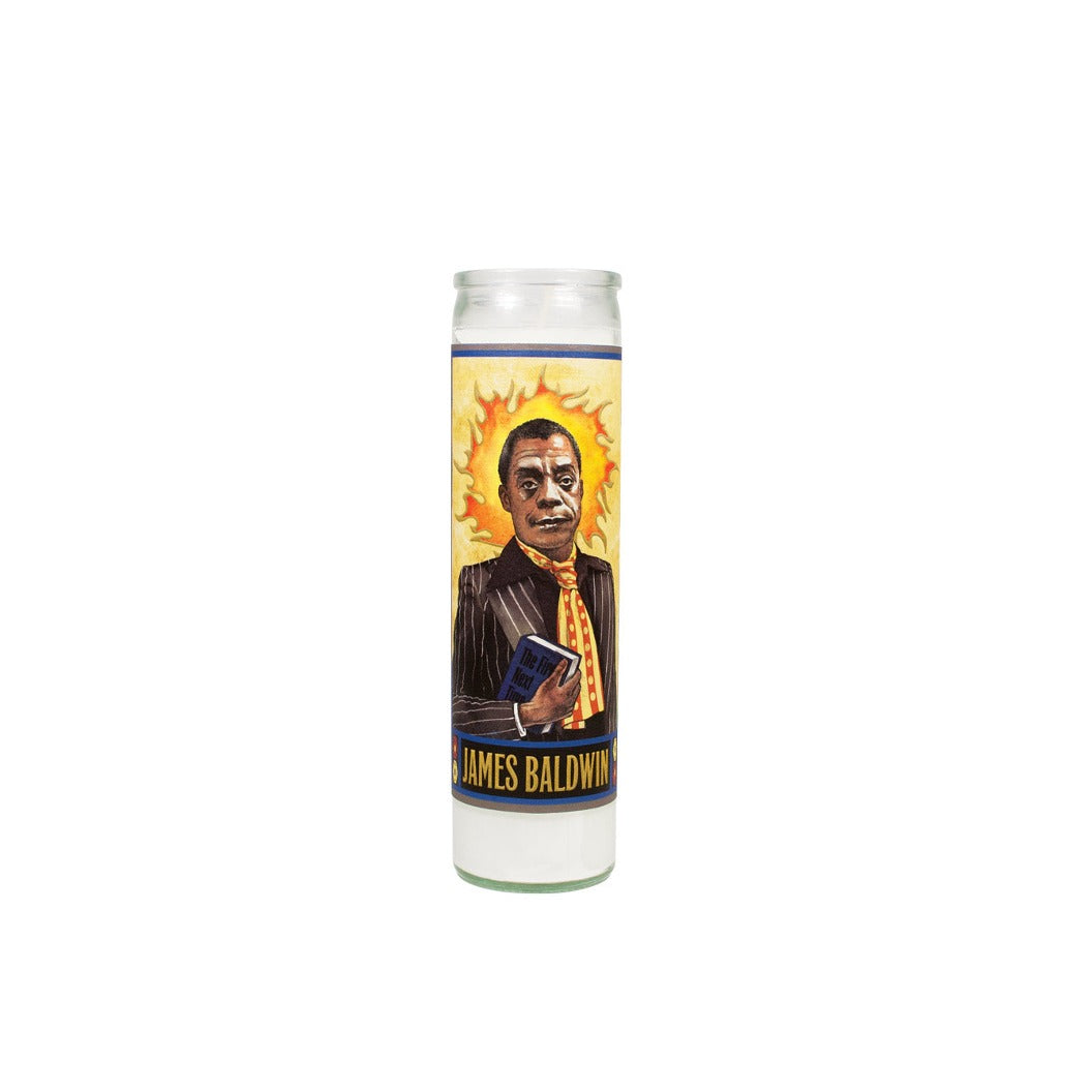 James Baldwin Secular Saint candle, tall clear glass with a portrait label surrounded by a sun halo