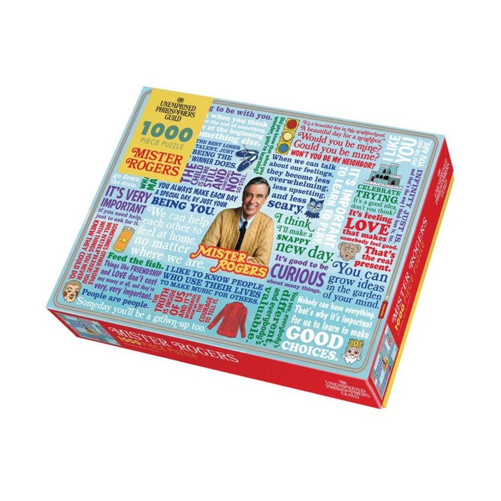 Mister Rogers 1000 piece puzzle box covered in colorful quotes around his photo in a yellow cardigan