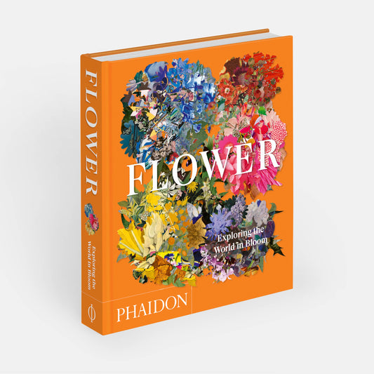 Flower: Exploring the World in Bloom book standing at an angle, orange cover with floral collage