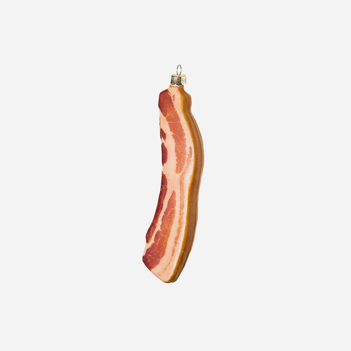 Bacon strip glass Christmas ornament in realistic red and cream stripes with a gold cap and hanging loop