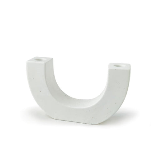 U-shaped taper holder in matte white ceramic with a candle cup on each end
