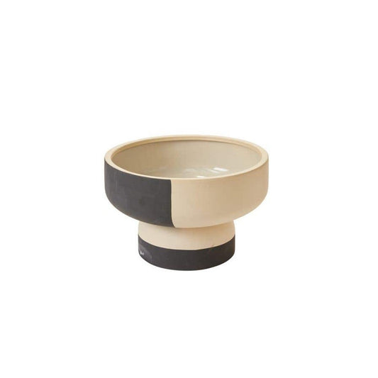 Trabar footed bowl in cream stoneware with hand-painted black color blocks on the bowl and base
